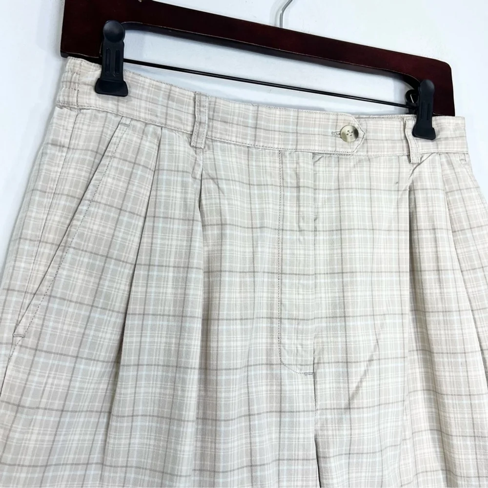 Vintage 80s 90s IZOD 100% cotton beige tan plaid pleated long Bermuda shorts 10